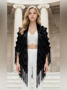 Black Fringe Open-Knit Women's Sweater Wrap